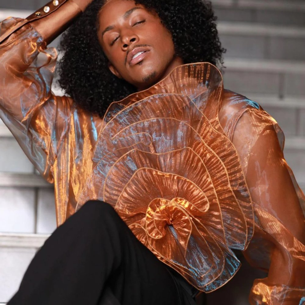 NWT S AngelGenius $450 Luxury Transparent Iridescent Venus Floral Silk Shirt